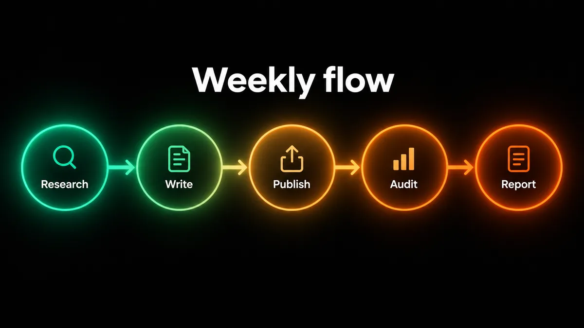 Med spa marketing automation weekly flow from research to posts to search-ready pages