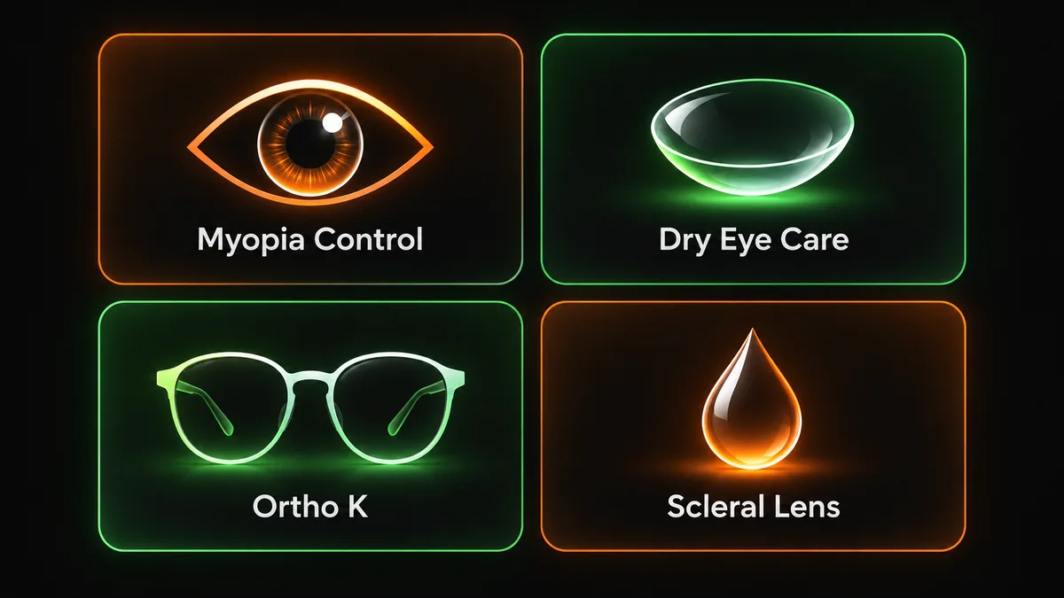 ai search visibility for optometrists tile grid showing myopia control dry eye ortho-k and scleral lens fitting