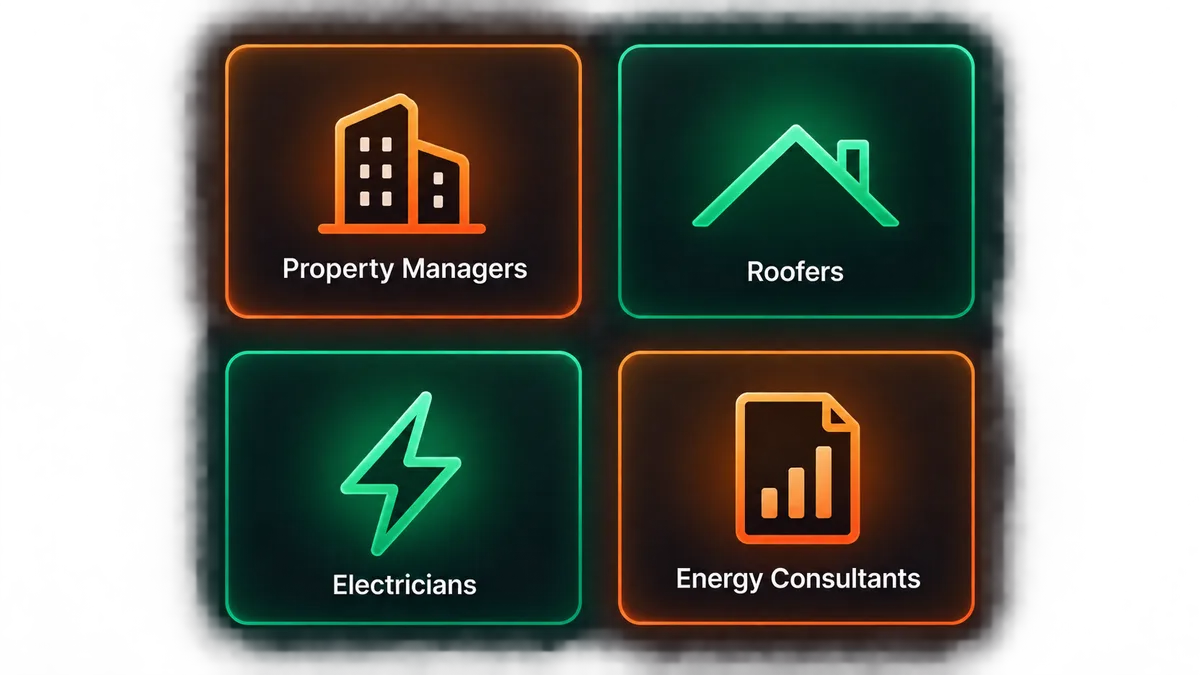 email outreach automation for solar installers channel grid showing property managers facilities directors roofers electricians and energy consultants